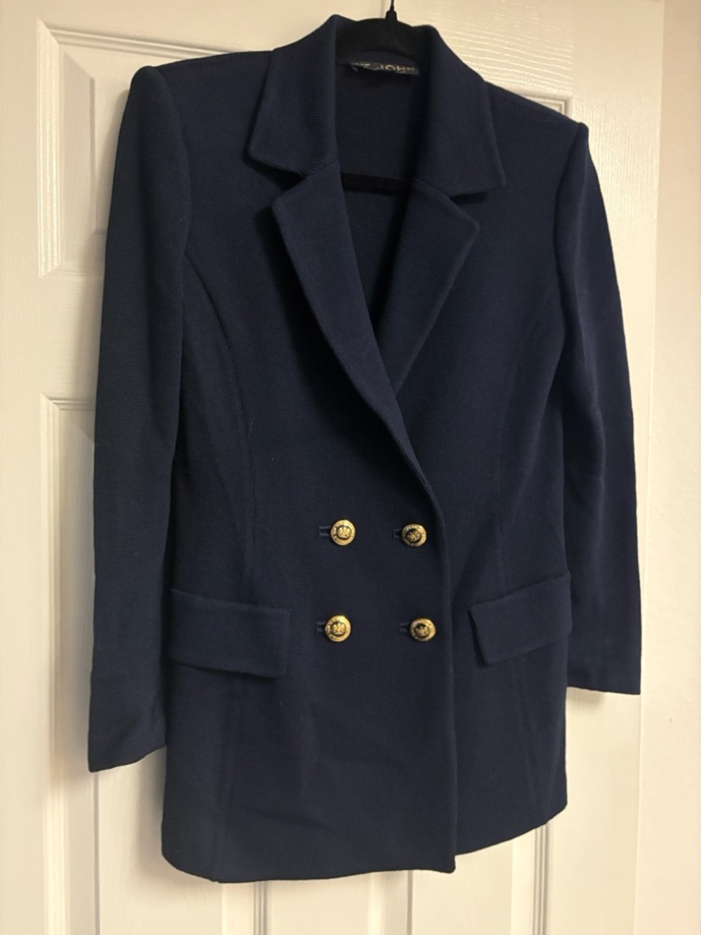 St. John Navy Knit Double-Breasted Blazer with Gold Buttons